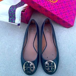 Reva Perforated Leather Ballet Flat, Tory Navy